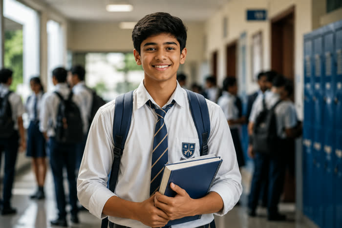 A student in a school hallway