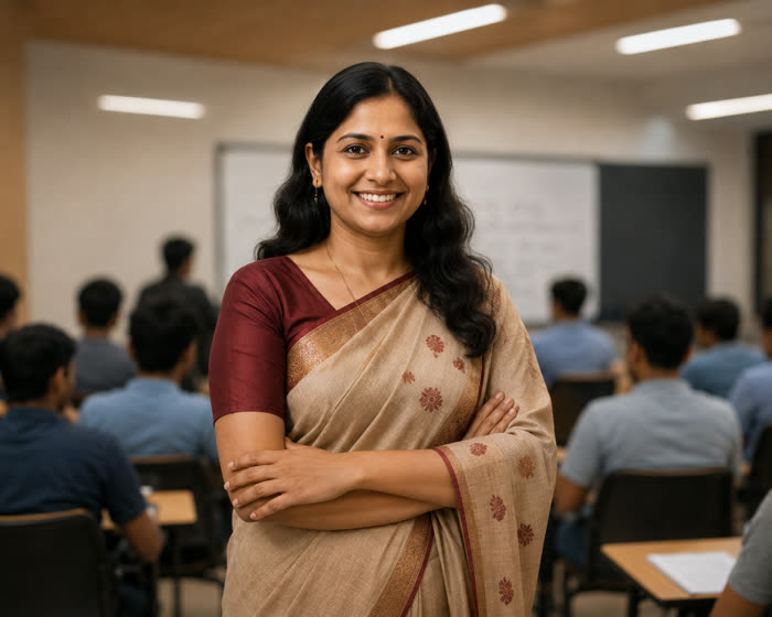 A teacher standing in front of her class
